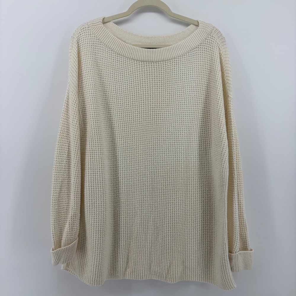 Talbots Womens 1X Cream Sweater Waffle Knit Cotton Merino Wool Blend Pullover